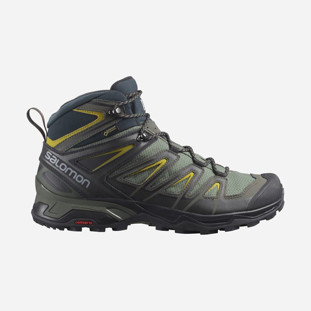 Pánské Turistické Boty Salomon X Ultra 3 Mid Gore-tex Grey/Black/Green | CZ-1562743